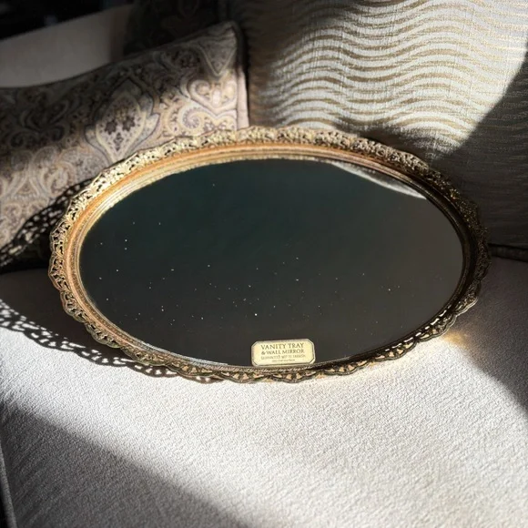 Vintage 1950s Gold Filigree Vanity Tray Wall Mirror Hollywood Regency